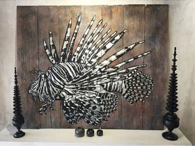 Lion Fish Stencil Art on Recycled Wood by Quint